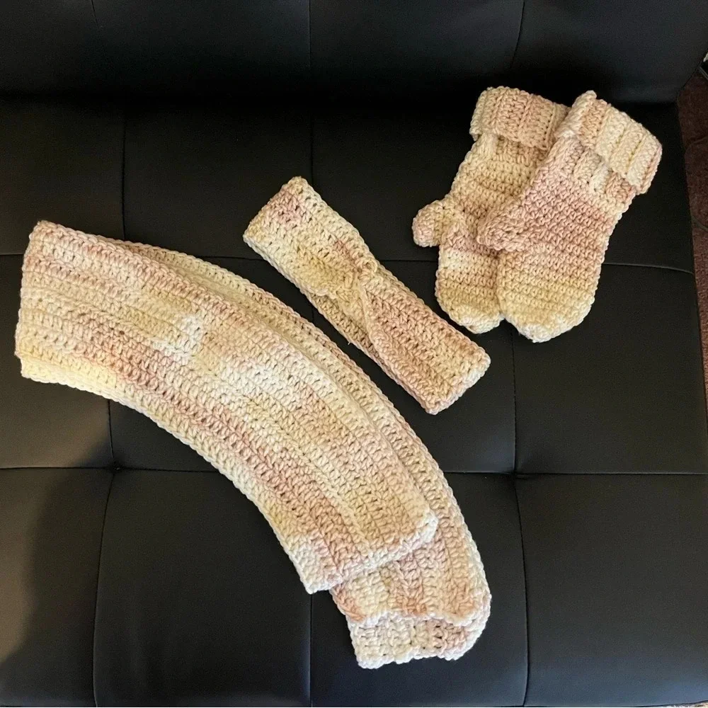 NWT Handmade, crocheted winter weather set. Round scarf, headband, and mittens.